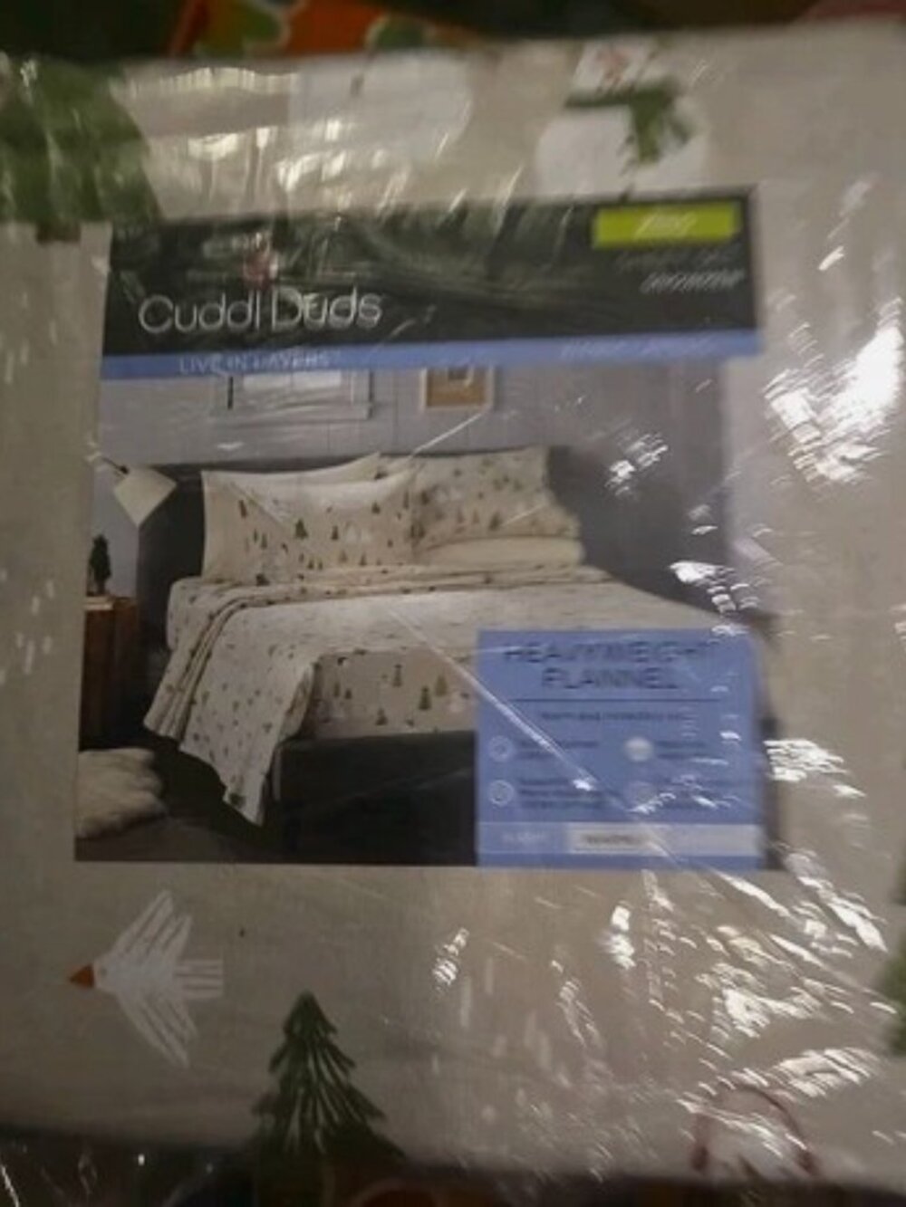 Cuddl Duds KING Size 4 pc soft Flannel sheet set Tree Snowman Print Tan NWT